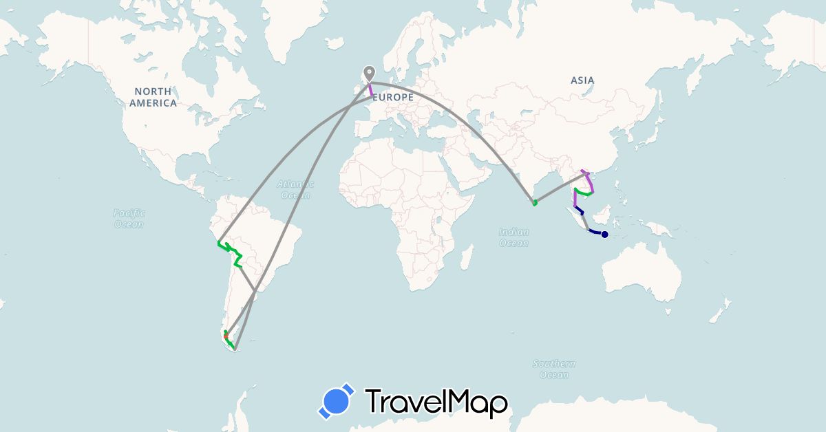 TravelMap itinerary: driving, bus, plane, train, hiking in Argentina, Bolivia, Chile, United Kingdom, Indonesia, Sri Lanka, Malaysia, Peru, Singapore, Thailand, Vietnam (Asia, Europe, South America)